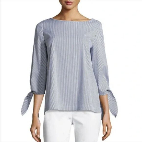 Lafayette 148 Elaina Bow Tie Sleeve Striped Blouse S - Picture 3 of 15
